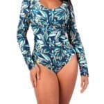 Traje de baño enterizo azul manga larga con copas de realce