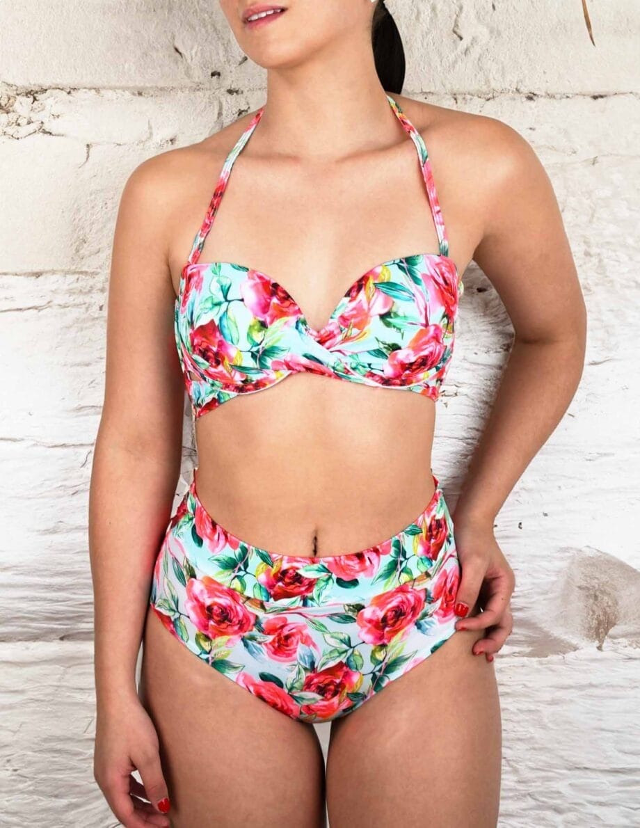 Vestido de baño control de abdomen de dos piezas con panty levanta cola y bra de copa estampado