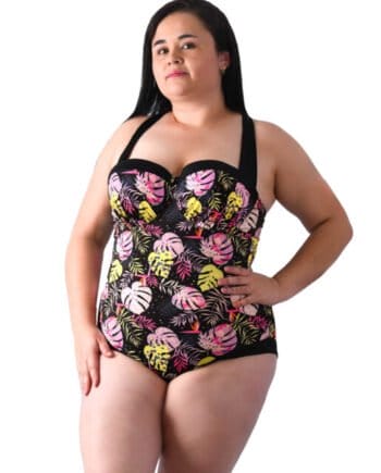 Vestido de baño entero talla plus con control de abdomen estampado flores negro