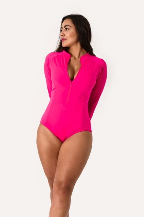 Vestido de baño manga larga fucsia con cremallera