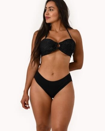 Vestido de baño tipo strapless con aro dorado y textura de malla tejida negro