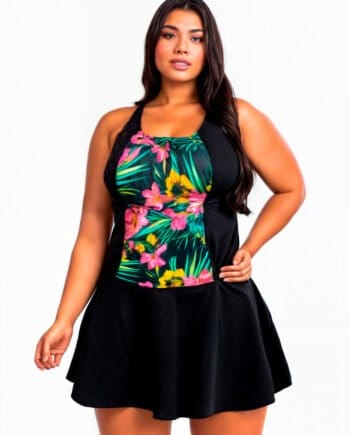 Vestido de Baño Entero con Falda y Panty Interno – Plus Size Negro