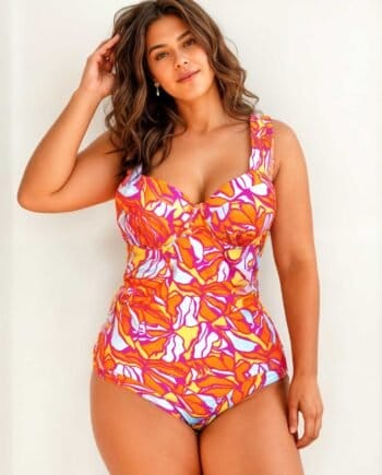 Vestido de baño enterizo con control de abdomen estampado naranja y fucsia