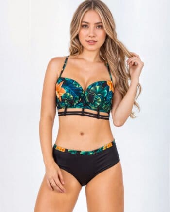 Vestido de baño estampado en negro con copas en espuma y base de sesgos
