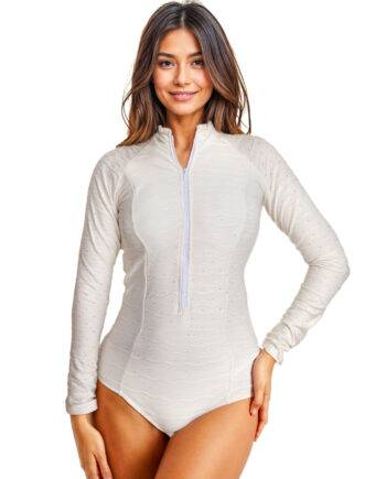 Vestido de baño entero blanco crema con textura bordada - Elegancia y protección UV