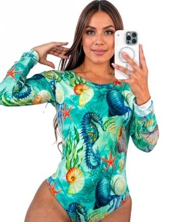 Vestido de Baño Enterizo Manga Larga Estampado Verde Marino UPF50+ | Match Familiar