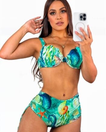 Bikini Top Copa Sirena y Panty Talle Alto Estampado Verde Marino| Colección Familia
