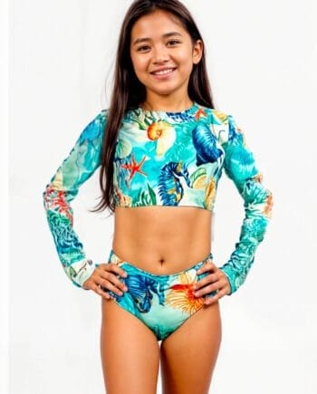 Vestido de Baño Niña Estampado Floral Marino | Crop Top Manga Larga UPF50+ + Panty | Match Familiar