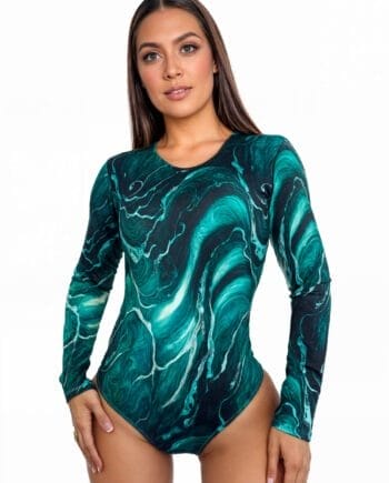 Vestido de Baño Enterizo Manga Larga Verde Estampado UPF50+ | Protección Solar Colombia