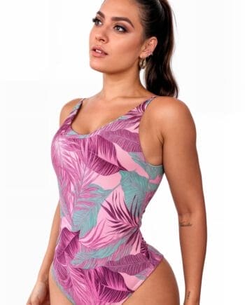 Vestido de Baño Enterizo Estampado Hojas Moradas y Rosadas Mujer | Tropical Trendy | Verano Colombia