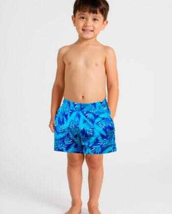 Pantaloneta de Baño Niño Estampado Azul Hojas | Malla Interna | Bolsillos | Match Familiar