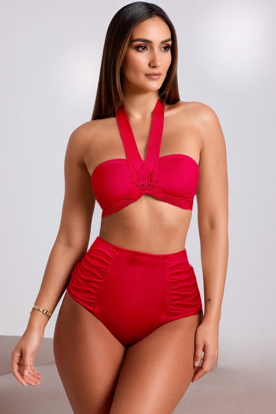 Vestido de Baño Strapless Rojo con Macramé