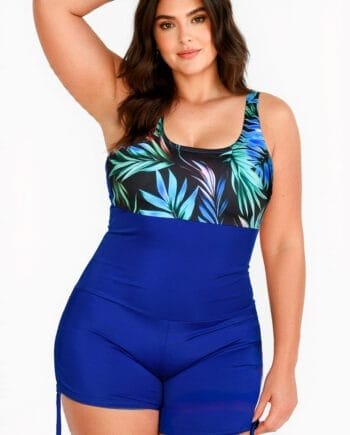 Vestido de Baño Enterizo Short Ajustable | Short Ajustable + Copas Removibles | Estampado Tropical Azul