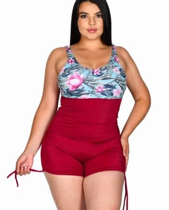 Vestido de Baño Enterizo Short Ajustable | Short Ajustable + Copas Removibles | Estampado Tropical Vinotinto