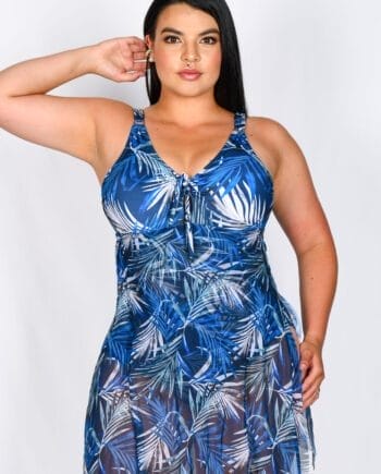 Vestido de baño enterizo con falda de malla amarrable y estampado de hojas azules | Elegante y Versátil