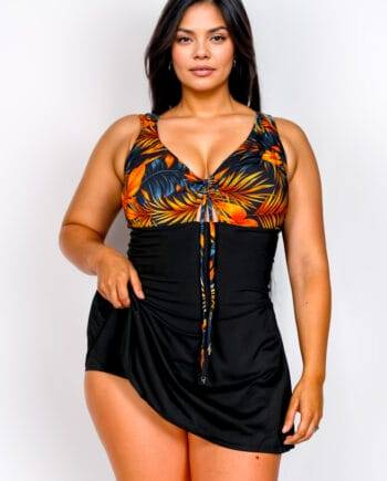 Vestido de Baño Enterizo Mujer Negro Con Falda y Short Integrados | Copas Removibles