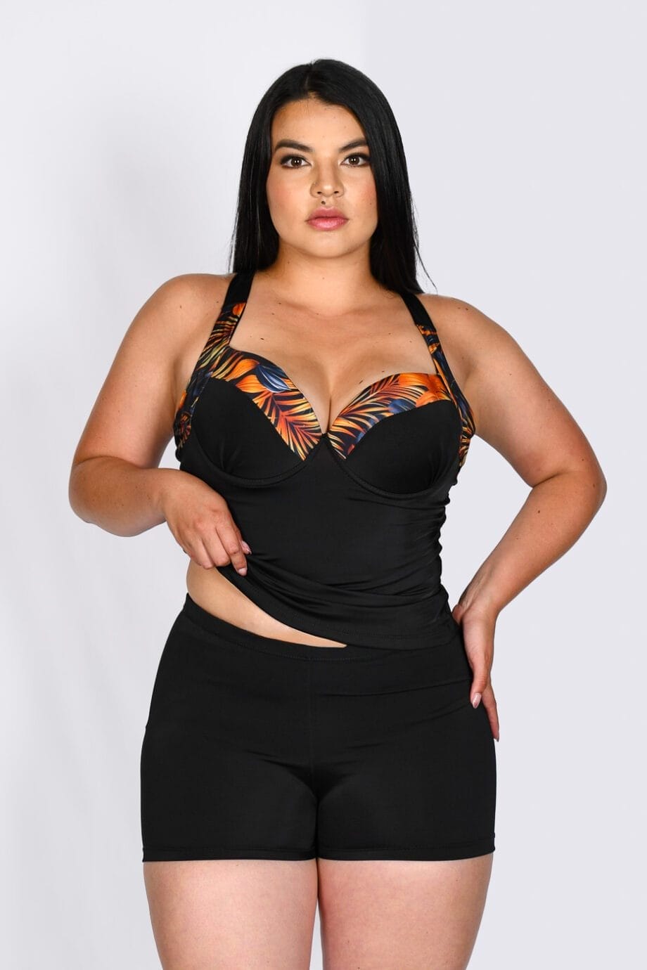 Tankini Negro 3 Piezas Floral Naranja