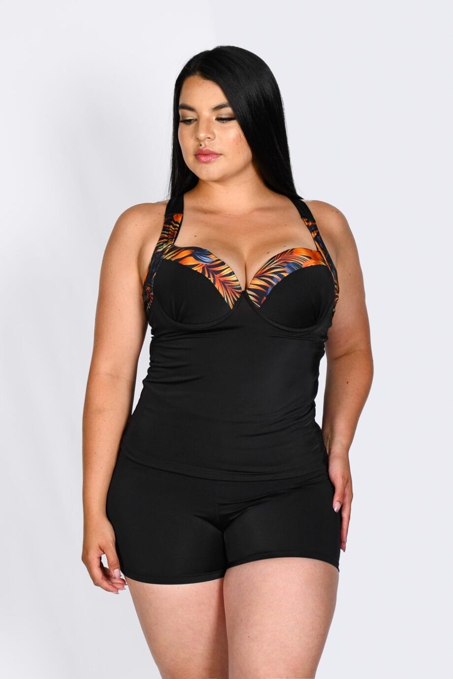 Tankini Negro 3 Piezas Floral Naranja