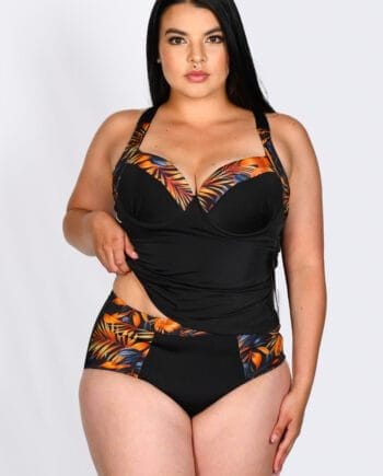 Tankini Negro 3 Piezas Floral Naranja | Blusa Tankini + Panty + Cachetero | Copas y Tiras Ajustables