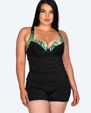 Tankini Negro 3 Piezas Floral Verde | Blusa Tankini + Panty + Cachetero | Copas y Tiras Ajustables