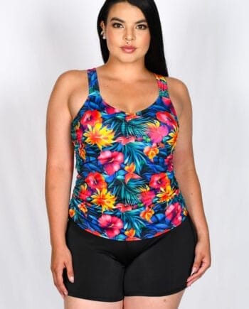 Set de Baño Tankini 3 Piezas Mujer con Estampado Floral Tropical + Panty + Cachetero | Soporte y Altura Ajustable