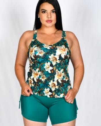 Set de Baño Tankini 3 Piezas Mujer Estampado Floral Verde + Panty + Cachetero | Soporte y Altura Ajustable