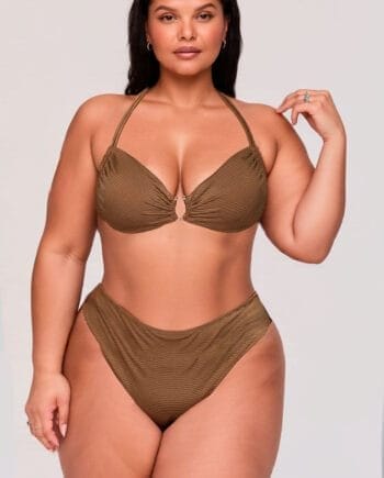 Bikini Strapless Acanalado Ocre Metalizado Mujer | Top con Herraje + Falda Ajustable | Sexy y Glamuroso